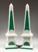 A GOOD PAIR OF MARBLE AND MALACHITE OBELISKS 16.5 ins high.