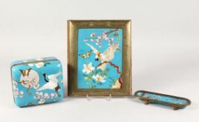 A VERY GOOD POSSIBLY FRENCH, CLOISONNE TYPE PORCELAIN DESK SET, decorated with birds, comprising