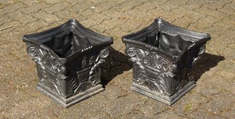 A SMALL PAIR OF 19TH CENTURY FRENCH BLACK CAST IRON JARDINIERES. 1 ft 1 ins square