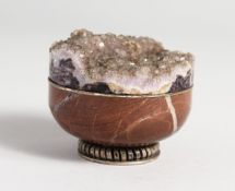 A SMALL SILVER MOUNTED AMETHYST AND MARBLE CIRCULAR BOWL AND LID, stamped C * 875, 2.75 inches