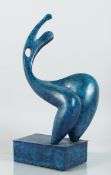 A BRONZE BLUE ABSTRACT MODEL on a rectangular base. 19 ins high.