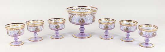 A GOOD CONTINENTAL NEODYMIUM GLASS ICE CREAM SET with gilt and enamel decoration, comprising