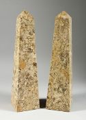 A GOOD PAIR OF SPECKLED MARBLE OBELISKS 13ins high.