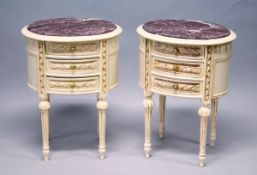 A PAIR OF FRENCH STYLE CREAM PAINTED THREE DRAWER BEDSIDE CHEST WITH MARBLE TOPS 1 ft 8 ins wide x 1