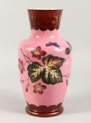 A LARGE VICTORIAN OPAQUE VASE painted with flowers and butterflies 13 ins high.