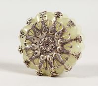 A SMALL RUSSIAN SILVER MOUNTED CARVED JADEITE BOX AND COVER 2 ins diameter