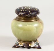A 19TH CENTURY ONYX AND CLOISONNE ENAMEL INKWELL. 4.5ins.