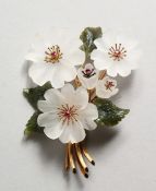 A SUPERB GOLD, JADE AND CRYSTAL AUSTRIAN FLOWER BROOCH.