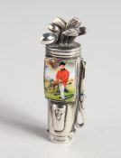 A HEAVY SOLID SILVER AND ENAMEL GOLD BAG VESTA CASE