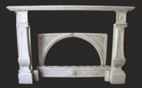 A GOOD CARVED MARBLE FIREPLACE, with broad mantle supported on a pair of classical columns, a carved