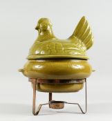 A POTTERY HEN TUREEN AND COVER on a metal stand, 13 ins high.