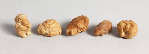 FIVE SMALL CARVED BONE ANIMALS, 1.25 ins