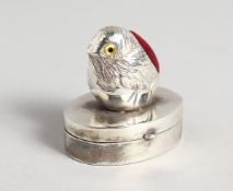A SILVER CHICK PIN POT AND CUSHION