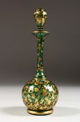 A BOHEMIAN GREEN AND GILT SCENT BOTTLE AND STOPPER. 7 ins high.