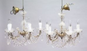 A SMALL PAIR OF ITALIAN GLASS FIVE LIGHT CHANDELIERS with prism drops. 1 ft. 6 ins wide, 1 ft.