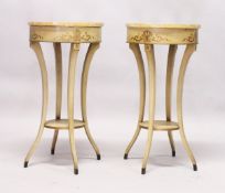 A GOOD PAIR OF REGENCY DESIGN PAINTED CIRCULAR MARBLE TOP TABLES on four curving legs with under-