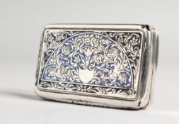 A CONTINENTAL SILVER AND BLUE ENAMEL SNUFF BOX, 3 ins high
