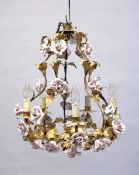 AN ITALIAN ORMULU FIVE LIGHT CHANDELIER WITH PORCELAIN ROSES, 1 ft, 7 ins wide, 1 ft. 10 ins high.