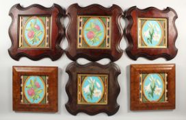 SIX MINTON MAJOLICA SQUARE TILES. 7ins x 7ins, four in one type of frame, the other two different.