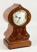 A GOOD EDWARDIAN MAHOGANY BRASS-INLAID BALLOON SHAPED CLOCK. 12ins high.