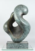 A LARGE ABSTRACT SPECKLED BRONZE ENTWINED FIGURE on a rectangular base, 20ins. high.