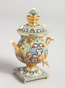 A GOOD SMALL RUSSIAN SILVER AND ENAMEL SAMOVAR 4.7ins high