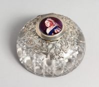A VICTORIAN CIRCULAR GLASS AND SILVER INKWELL with a circular enamel of Queen Victoria London 1899.
