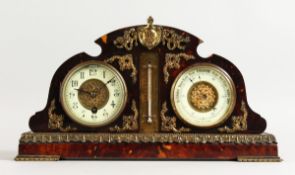 A VERY GOOD 19TH CENTURY FRENCH TORTOISESHELL CASE CLOCK, THERMOMETER AND BAROMETER, CIRCA. 1860.