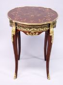 A FRENCH STLYE MAHOGANY AND ORMOLU MOUNTED MARQUETRY CENTRE TABLE, on cabriole legs 1 ft 11 ins