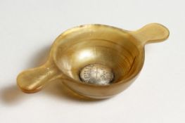 A TWO HANDLED HORN QUAICH with silver tablet engraved SCUAB AS-I
