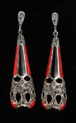 A PAIR OF SILVER CORAL AND BLACK ENAMEL DROP EARRINGS