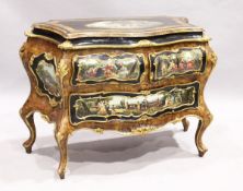 A SUPERB ITALIAN BOMBE AND SERPENTINE FRONTED COMMODE with painted panels of figures, gilt
