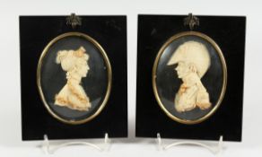 A PAIR OF REGENCY WAX PORTRAIT BUSTS, framed 4.5 ins x 3.75 ins By Leslie Kay
