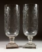 A GOOD PAIR OF ENGRAVED STORM LAMPS on square bases 15 ins high