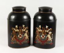 A PAIR OF CRESTED TOLE WARE TEA TINS AND COVERS 17 high