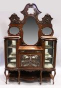 A VICTORIAN MAHOGANY STANDING CHINA CABINET the top with three mirrored panels, on a base with bow