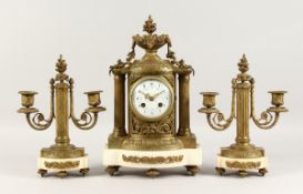 A GOOD LOUIS XVI DESIGN ORMOLU AND MARBLE THREE PIECE CLOCK GARNITURE, striking on a single bell,