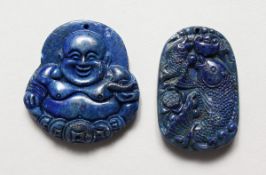 TWO CHINESE CARVED LAPIS PENDANTS