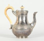 A GOOD VICTORIAN COFFEE POT with wooden handles and finials. London 1860, Hunt and Roswell Late