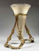 A FROSTED GLASS TRUMPET VASE in a gilt frame, 10.5 in. high.