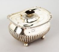 A VICTORIAN SEMI FLUTED TEA CADDY, with gadronned edge on ball feet, London 1894, maker Huttons ,