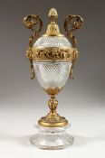 A HOBNAIL CUT ORMOLU MOUNTED TWO HANDLED VASE with pineapple finial 12 ins high