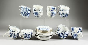 A QUANTITY OF MEISSEN BLUE AND WHITE ONION PATTERN CUPS AND SAUCERS, fifteen various cups and