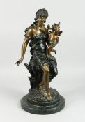 AFTER MOREAU, A TWO COLOURED BRONZE OF A CLASSICAL GIRL with winged cherub on a circular marble
