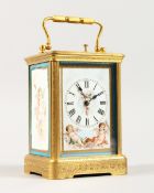 A SUPERB 19TH CENTURY FRENCH REPEATER CARRIAGE CLOCK with painted Sevres porcelain panels 5 ins