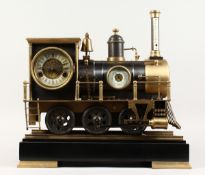 A SUPERB AMERICAN TRAIN CLOCK THERMOMETER AND BAROMETER on a marble base. 18 ins long