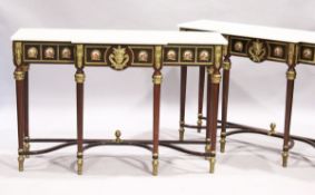 A GOOD PAIR OF LOUIS XVI STYLE BREAKFRONT CONSOLE TABLES with white marble tops, fitted with a