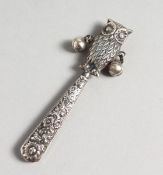 A SILVER NOVELTY OWL RATTLE