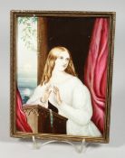 A GOOD CONTINENTAL OVAL PORCELAIN PLAQUE, young girl at a lecturn. 8x 6 ins.