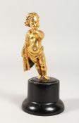 A 19TH CENTURY FRENCH ORMULU PUTTI, 5 ins high, on a wooden base.